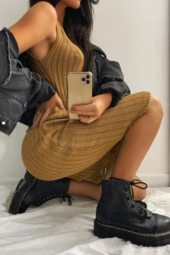 Rebellious Fashion Camel Strappy Knit Midi Dress - Graciella