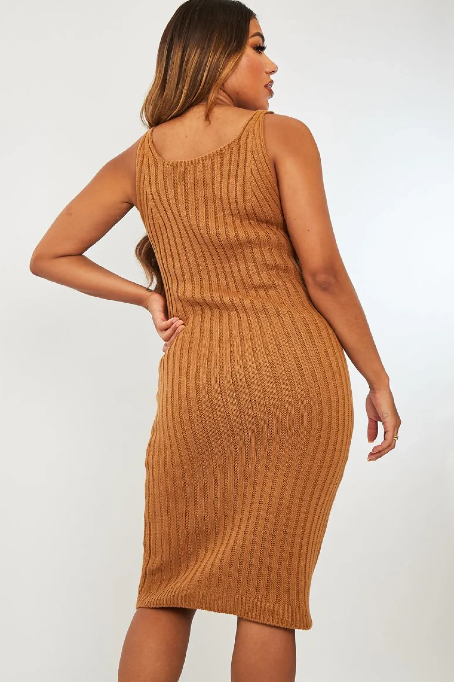 Rebellious Fashion Camel Strappy Knit Midi Dress - Graciella