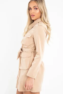 Rebellious Fashion Camel Utility Belted Zip Front Shirt Dress - Meliyah