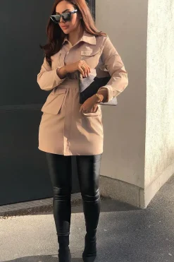 Rebellious Fashion Camel Utility Belted Zip Front Shirt Dress - Meliyah