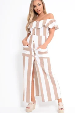 Rebellious Fashion Camel White Stripe Button Detail Woven Maxi - Grier