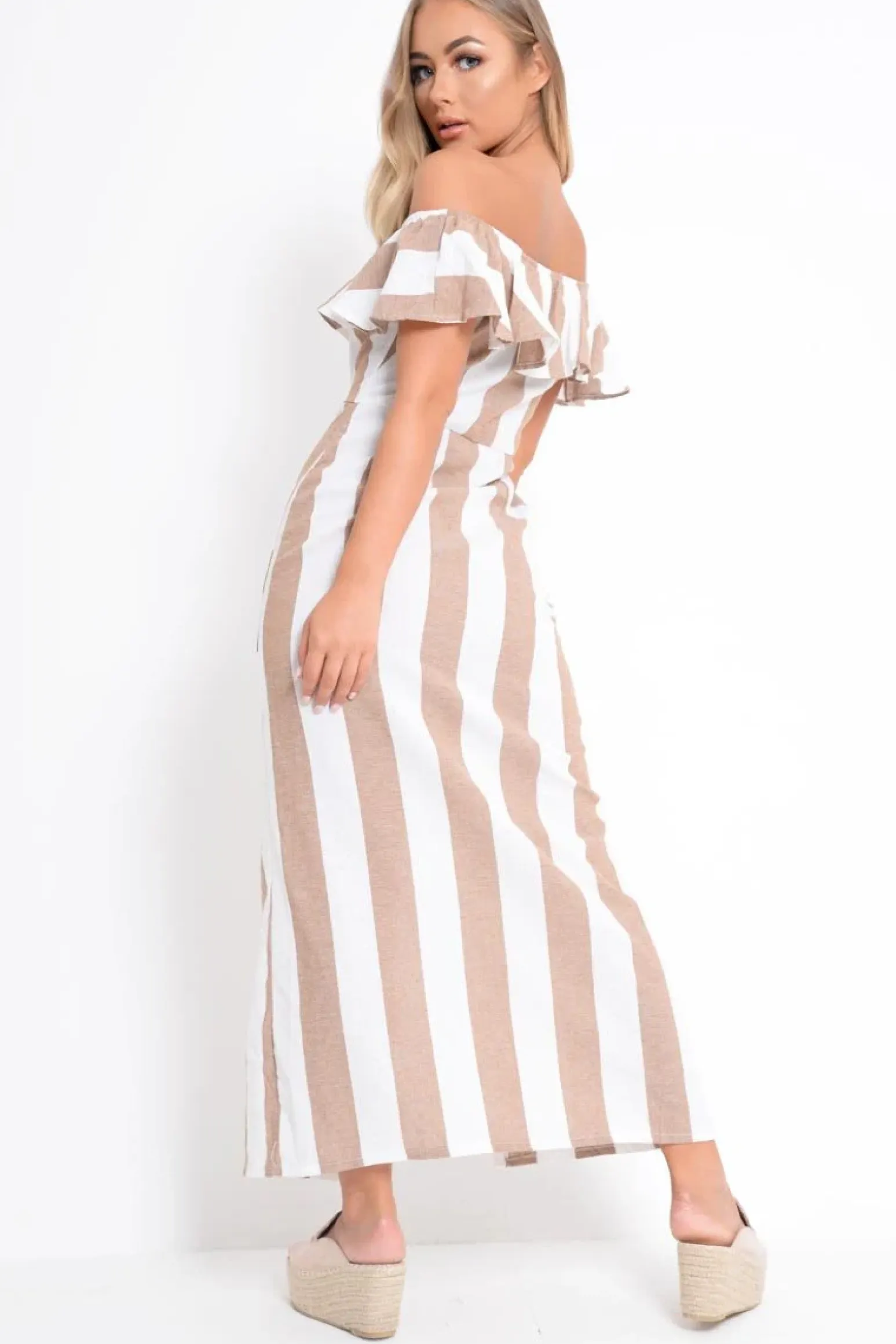Rebellious Fashion Camel White Stripe Button Detail Woven Maxi - Grier