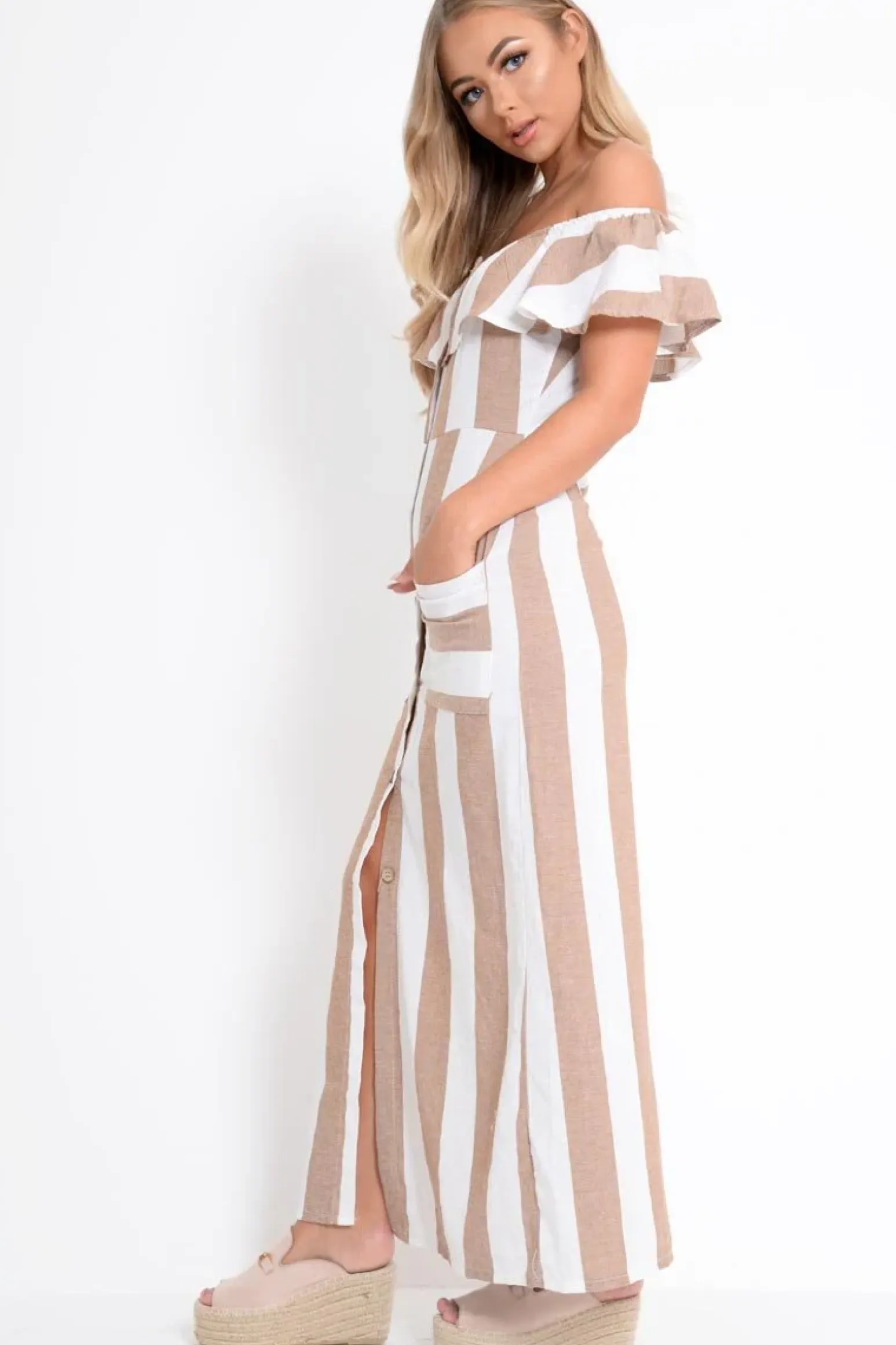 Rebellious Fashion Camel White Stripe Button Detail Woven Maxi - Grier