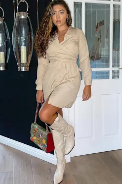 Rebellious Fashion Camel Wrap Front Shirt Dress - Nixie