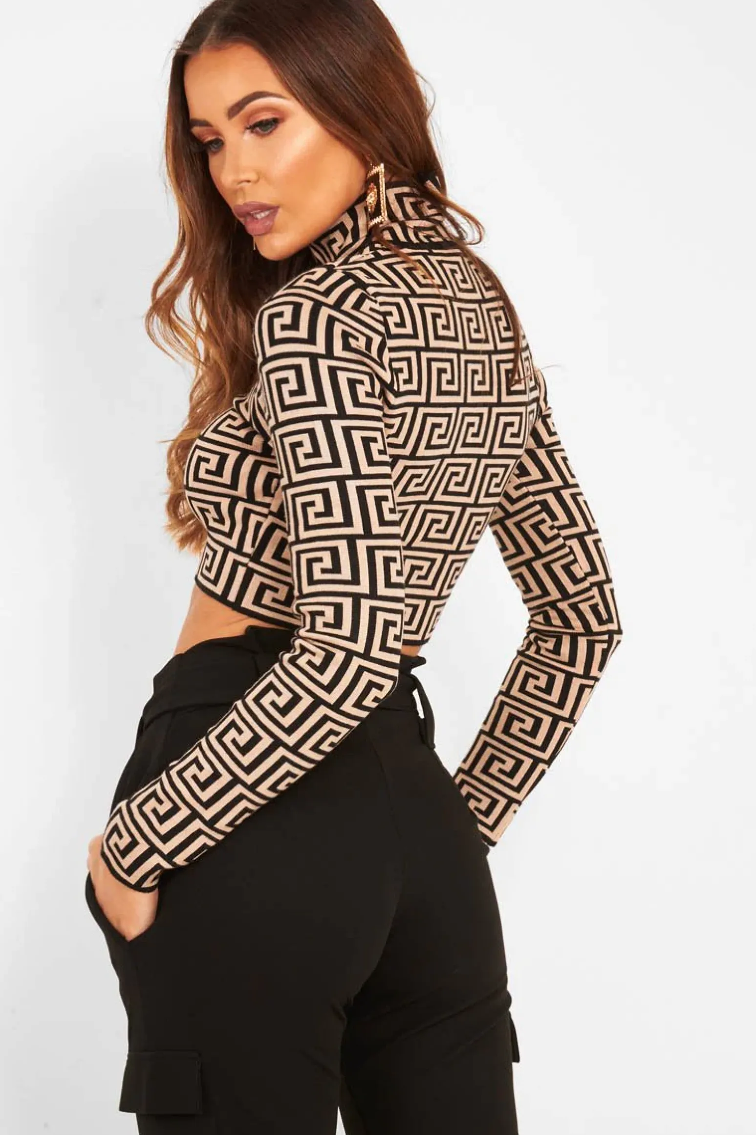Rebellious Fashion Camel Aztec Print Fine Knit Crop Jumper - Harlen