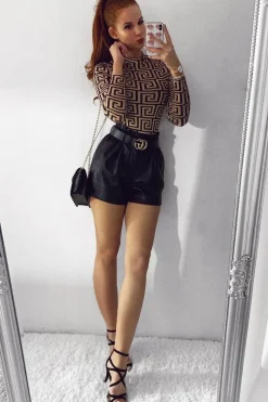 Rebellious Fashion Camel Aztec Print High Neck Long Sleeve Bodysuit - Bellemy