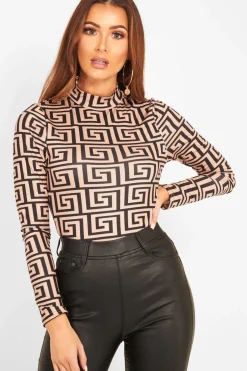 Rebellious Fashion Camel Aztec Print High Neck Long Sleeve Bodysuit - Bellemy