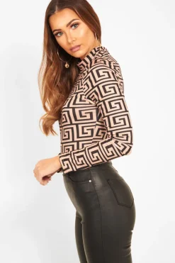 Rebellious Fashion Camel Aztec Print High Neck Long Sleeve Bodysuit - Bellemy