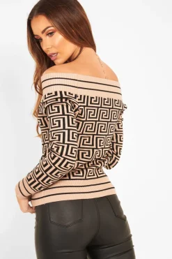 Rebellious Fashion Camel Aztec Print Rib Detail Crop Jumper - Khaila