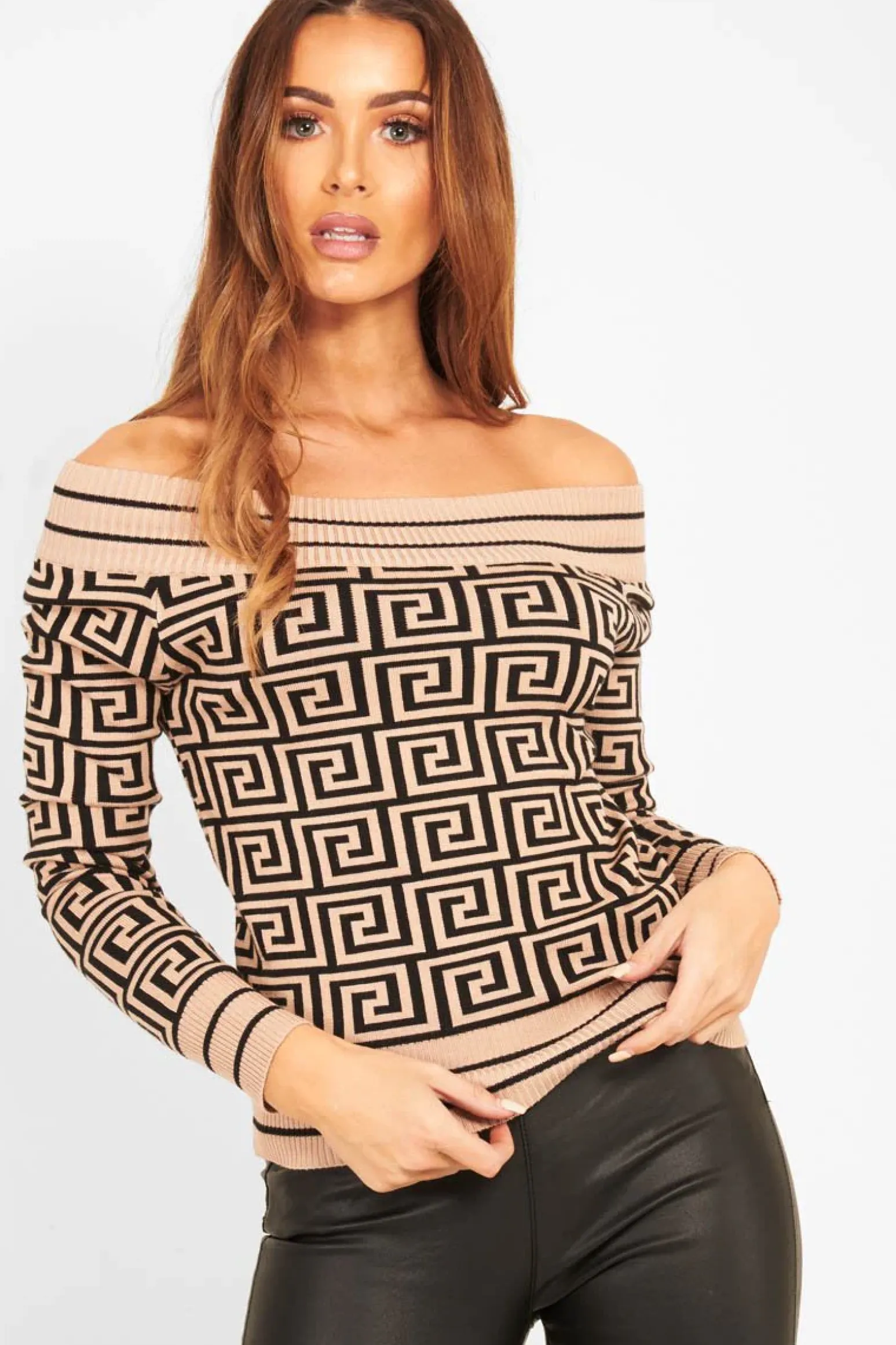 Rebellious Fashion Camel Aztec Print Rib Detail Crop Jumper - Khaila