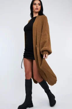 Rebellious Fashion Camel Balloon Sleeve Maxi Knit Cardigan - Imara