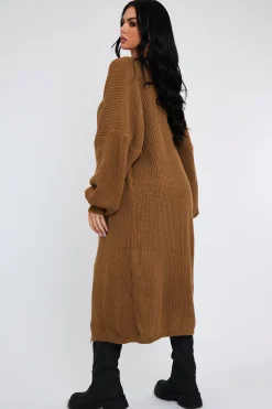Rebellious Fashion Camel Balloon Sleeve Maxi Knit Cardigan - Imara