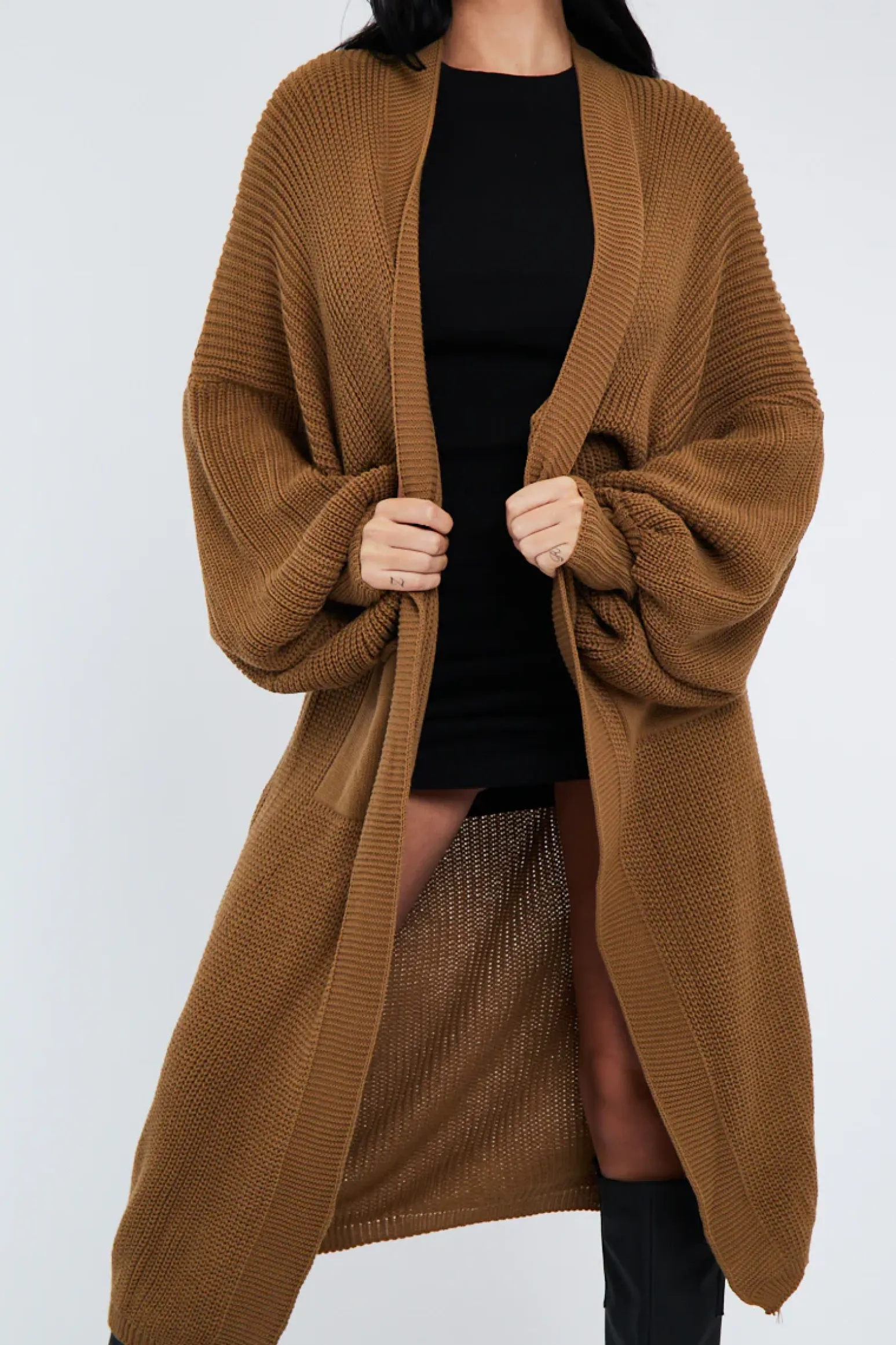 Rebellious Fashion Camel Balloon Sleeve Maxi Knit Cardigan - Imara