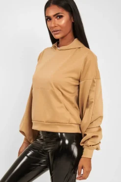 Rebellious Fashion Camel Balloon Sleeve Pocket Front Hoodie - Lainee