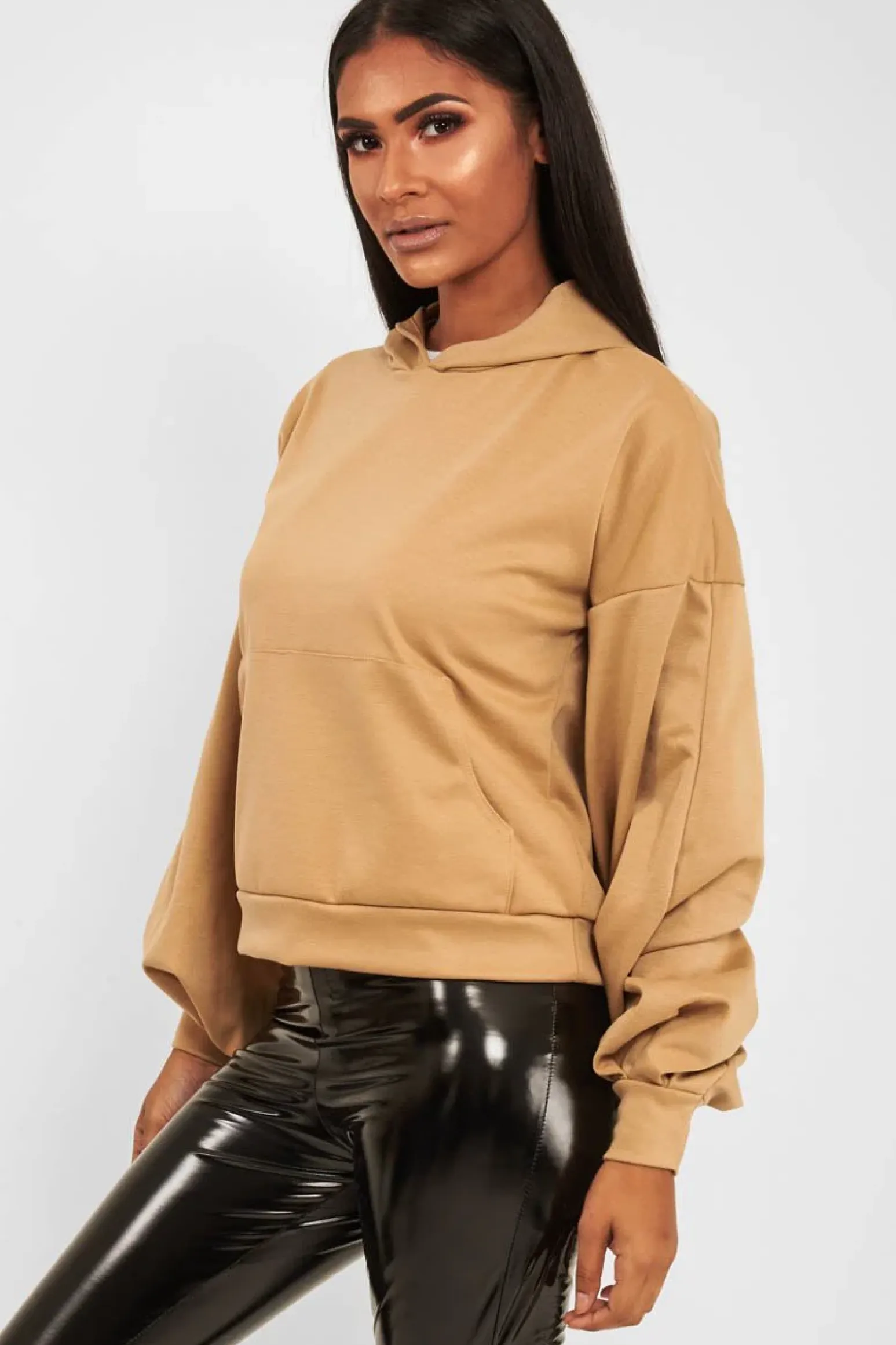 Rebellious Fashion Camel Balloon Sleeve Pocket Front Hoodie - Lainee