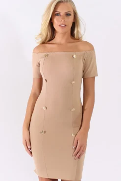 Rebellious Fashion Camel Bardot Bodycon Button Detail Dress - Wallis