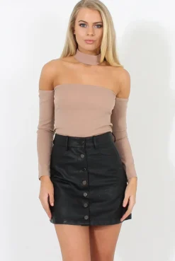 Rebellious Fashion Camel Bardot Choker Crop Top - Scarlett