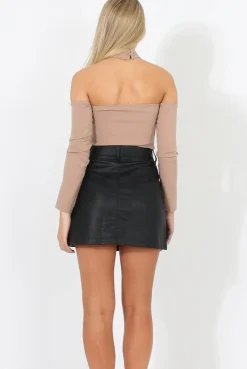 Rebellious Fashion Camel Bardot Choker Crop Top - Scarlett