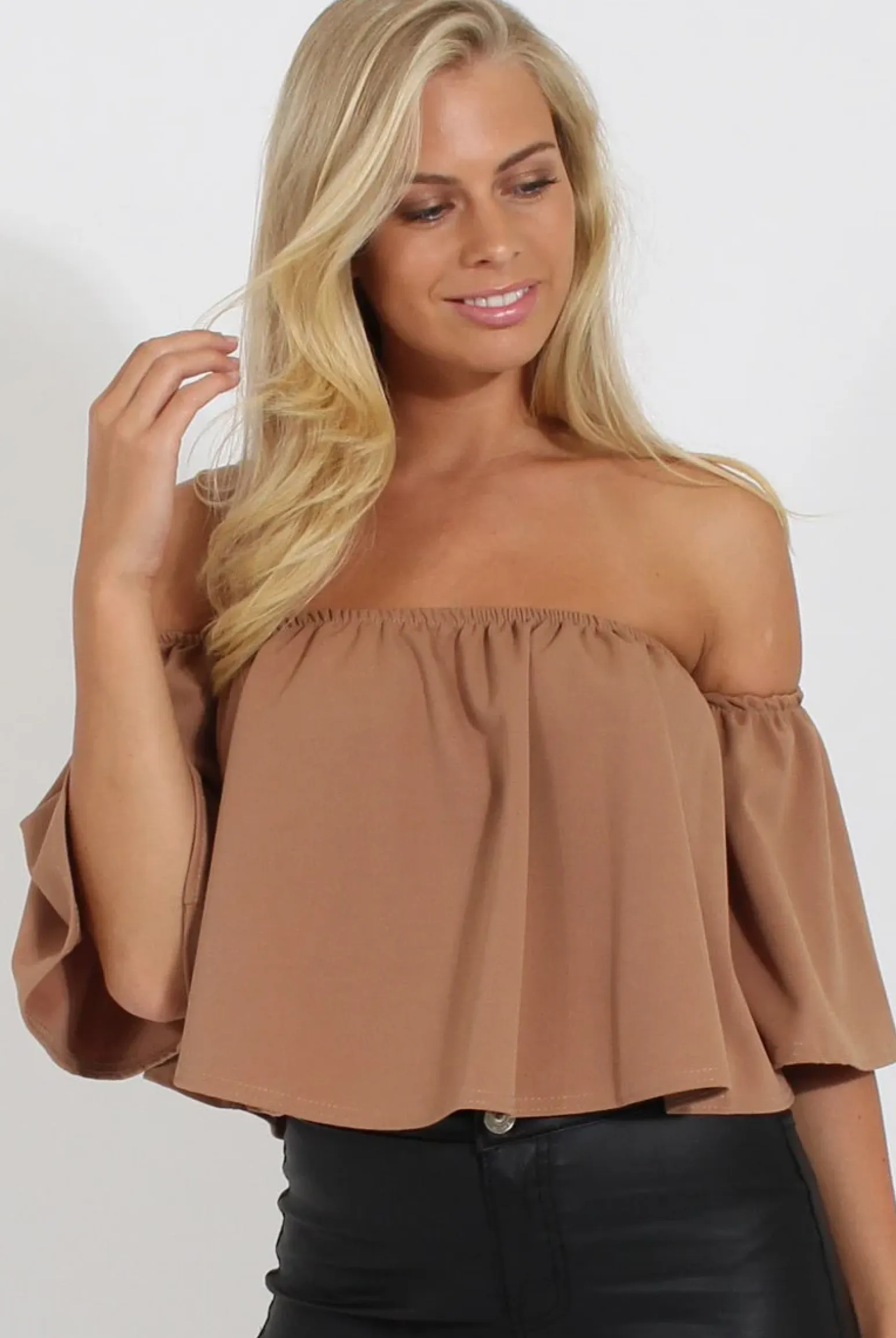 Rebellious Fashion Camel Bardot Crop Top - Bryony