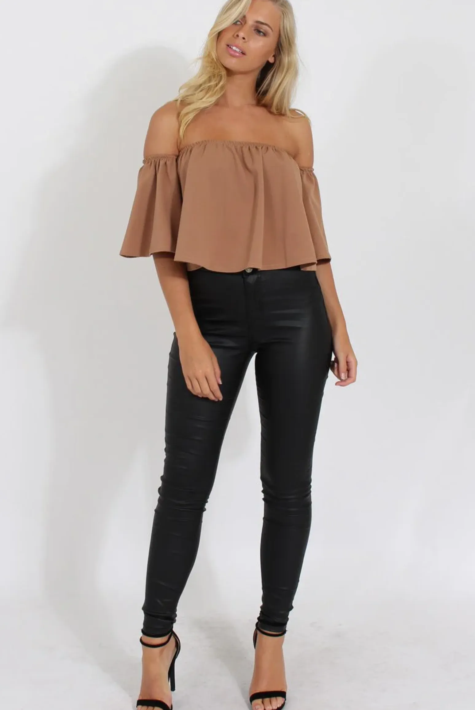 Rebellious Fashion Camel Bardot Crop Top - Bryony