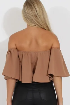 Rebellious Fashion Camel Bardot Crop Top - Bryony