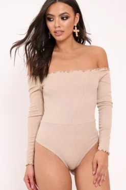 Rebellious Fashion Camel bardot frill bodysuit - Kari