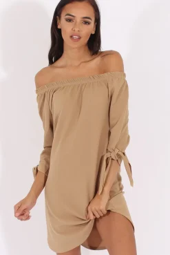 Rebellious Fashion Camel Bardot Tie Cuffs Dress - Whitney