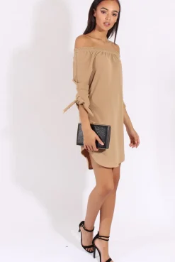 Rebellious Fashion Camel Bardot Tie Cuffs Dress - Whitney