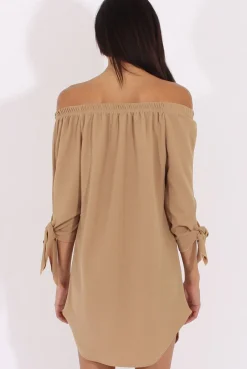 Rebellious Fashion Camel Bardot Tie Cuffs Dress - Whitney