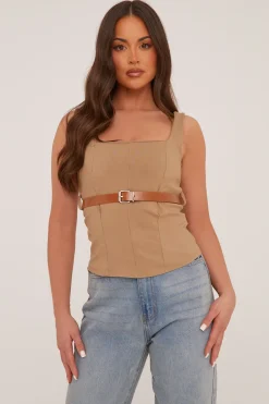 Rebellious Fashion Camel Belt Detail Square Neck Sleeveless Top - Lucee
