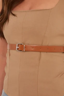 Rebellious Fashion Camel Belt Detail Square Neck Sleeveless Top - Lucee