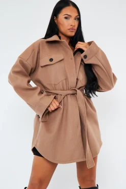 Rebellious Fashion Camel Belted Pocket Front Shacket - Stella