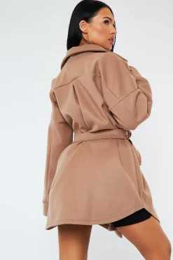 Rebellious Fashion Camel Belted Pocket Front Shacket - Stella