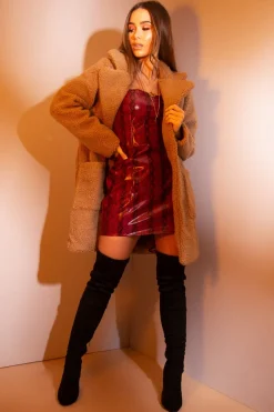 Rebellious Fashion Camel Borg Longline Oversized Coat - Acadia