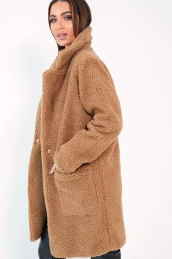 Rebellious Fashion Camel Borg Longline Oversized Coat - Acadia