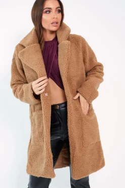 Rebellious Fashion Camel Borg Longline Oversized Coat - Acadia