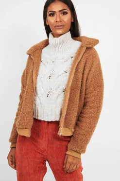 Rebellious Fashion Camel Borg Zip Front Jacket - Danyelle