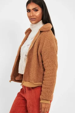 Rebellious Fashion Camel Borg Zip Front Jacket - Danyelle