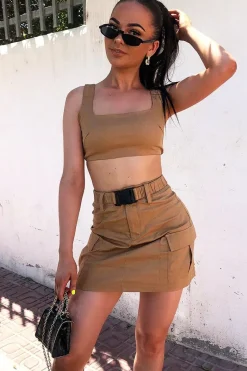 Rebellious Fashion Camel Buckle Cargo Skirt and Crop Top Co-ord - Naliyah