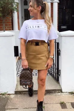 Rebellious Fashion Camel Buckle Front Woven Utility Mini Skirt - Cally