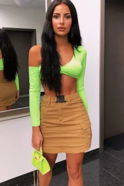 Rebellious Fashion Camel Buckle Front Woven Utility Mini Skirt - Cally