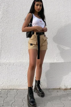 Rebellious Fashion Camel Buckle Front Woven Utility Shorts - Minh