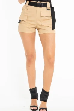 Rebellious Fashion Camel Buckle Front Woven Utility Shorts - Minh