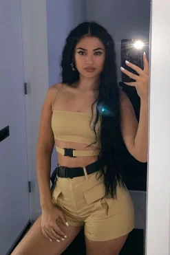 Rebellious Fashion Camel Buckle Utility Crop Top and Shorts Co-ord - Juri