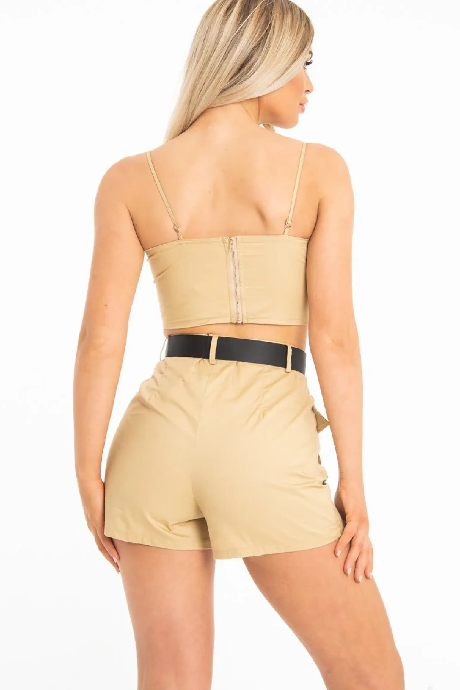 Rebellious Fashion Camel Buckle Utility Crop Top and Shorts Co-ord - Juri