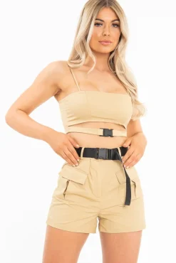 Rebellious Fashion Camel Buckle Utility Crop Top and Shorts Co-ord - Juri