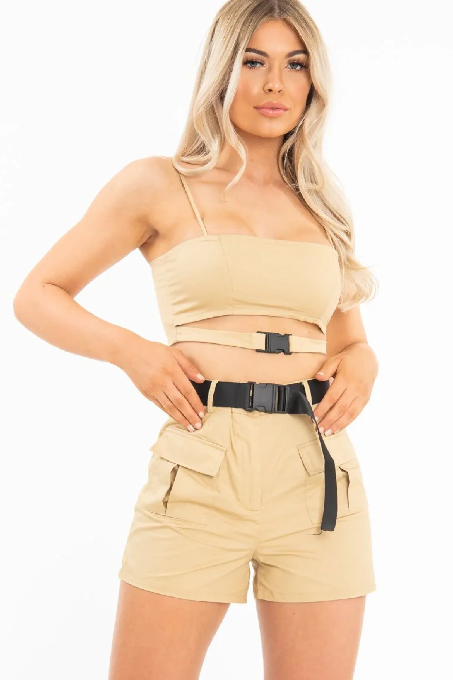 Rebellious Fashion Camel Buckle Utility Crop Top and Shorts Co-ord - Juri