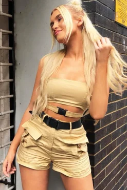 Rebellious Fashion Camel Buckle Utility Crop Top and Shorts Co-ord - Juri