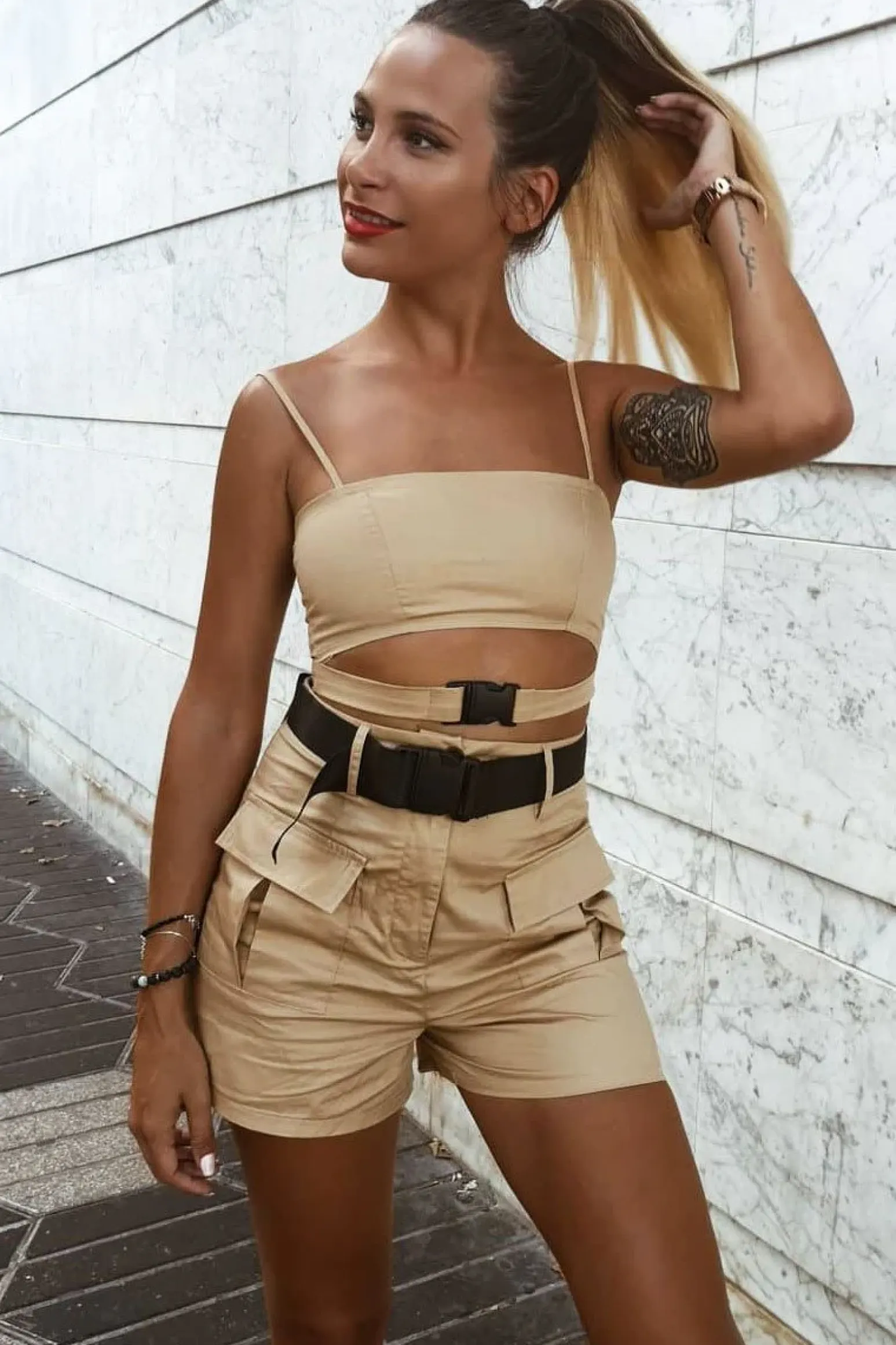 Rebellious Fashion Camel Buckle Utility Crop Top and Shorts Co-ord - Juri