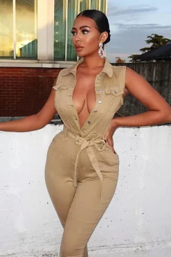 Rebellious Fashion Camel Button Front Sleeveless Jumpsuit - Faven